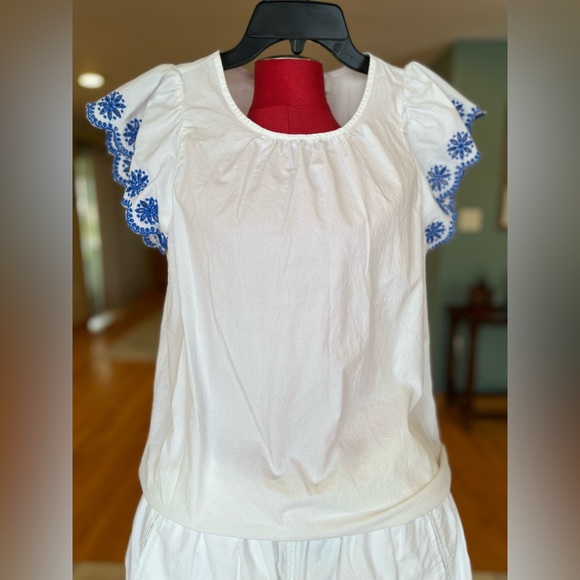 J.Crew embroidered flutter sleeve blouse, stretch cotton poplin, Extra Small. - Picture 1 of 15
